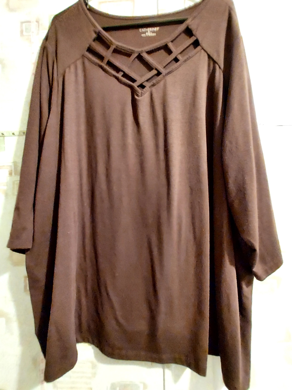 Catherines Brown Long-Sleeve Top with Lattice Yoke